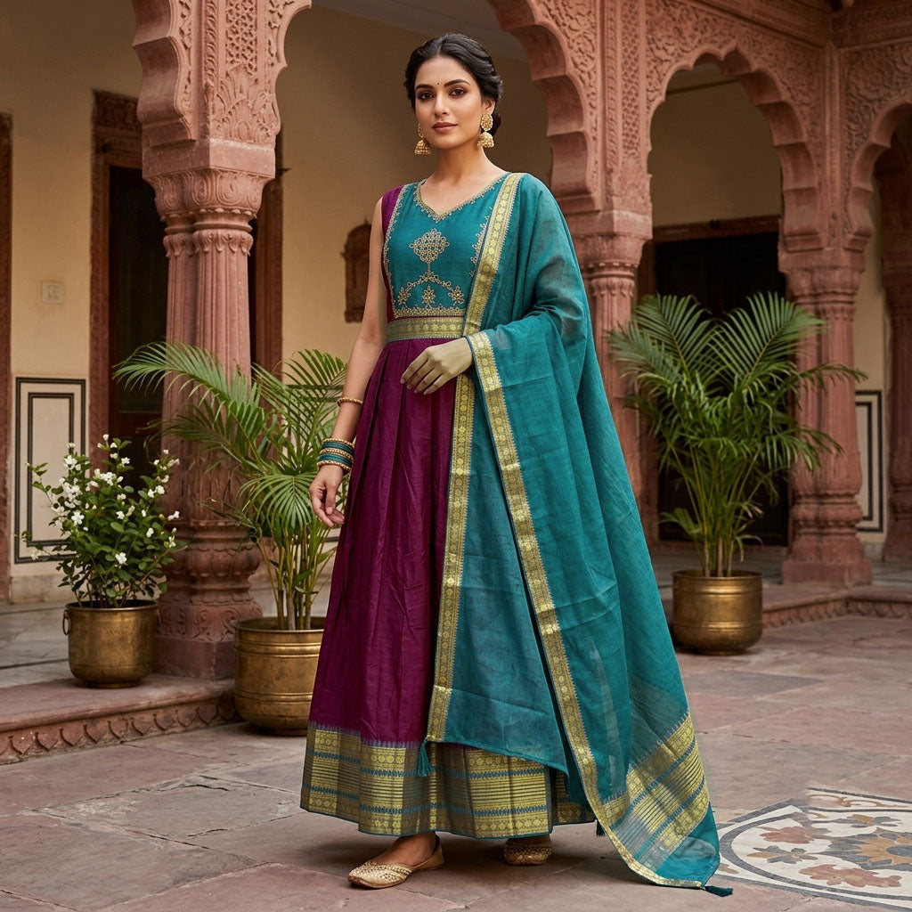 Dark Magenta With Peacock Blue Trendy Ladies Ethnic Gowns