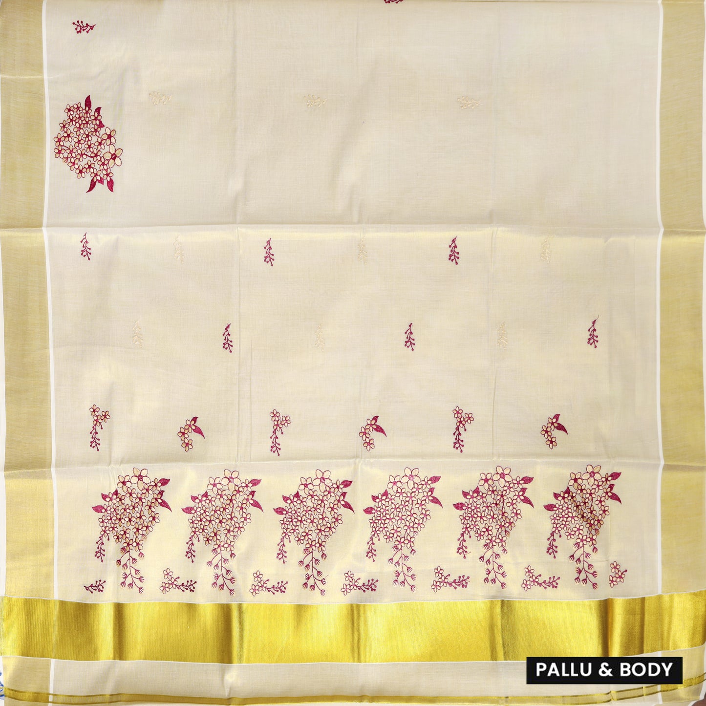 Off White With Gold Floral Embroidery  traditional kerala onam saree