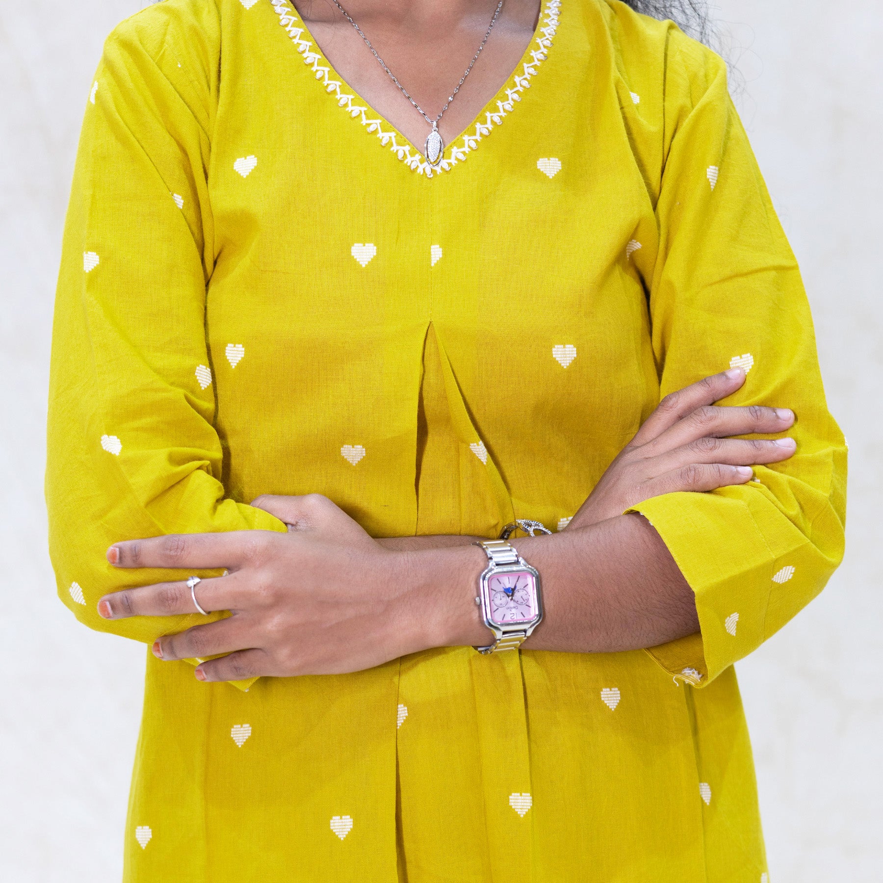 Yazhini- Yellow with white heart-shaped pattern Ladies Branded Co-ord-set Readymade