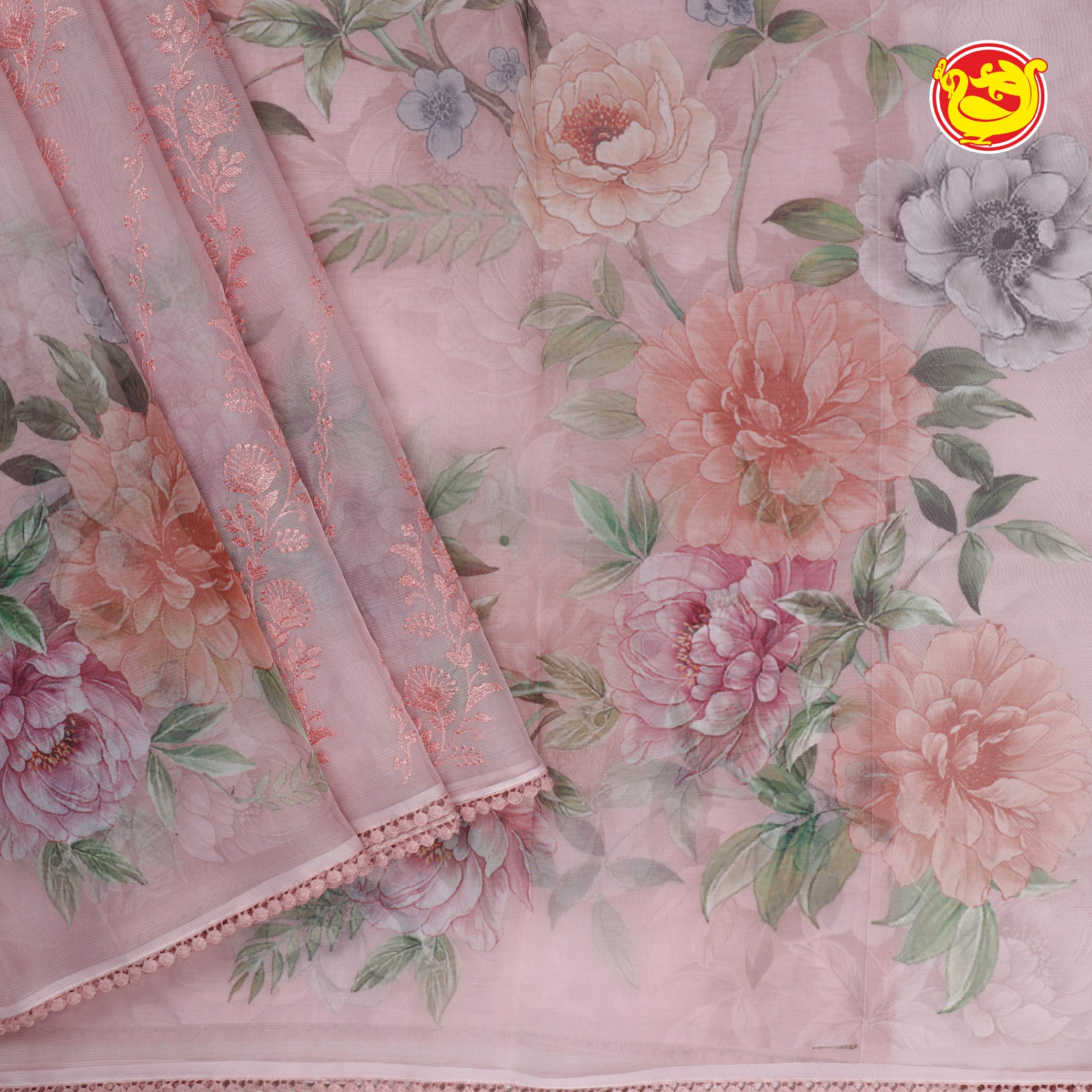 Light pink organza silk saree with digital prints