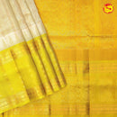 Half White and Mustard Yellow With Gold Zari Checked Floral Buttas Pure Silk Cotton Saree - Thenianantham