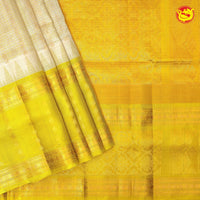 Half White and Mustard Yellow With Gold Zari Checked Floral Buttas Pure Silk Cotton Saree - Thenianantham