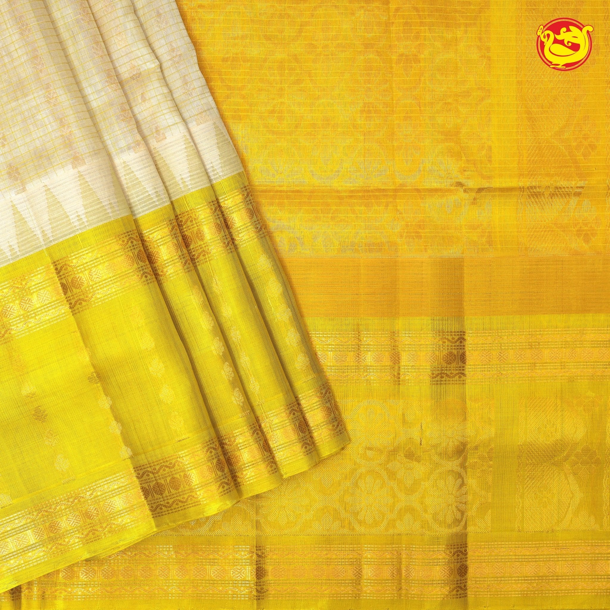 Half White and Mustard Yellow With Gold Zari Checked Floral Buttas Pure Silk Cotton Saree