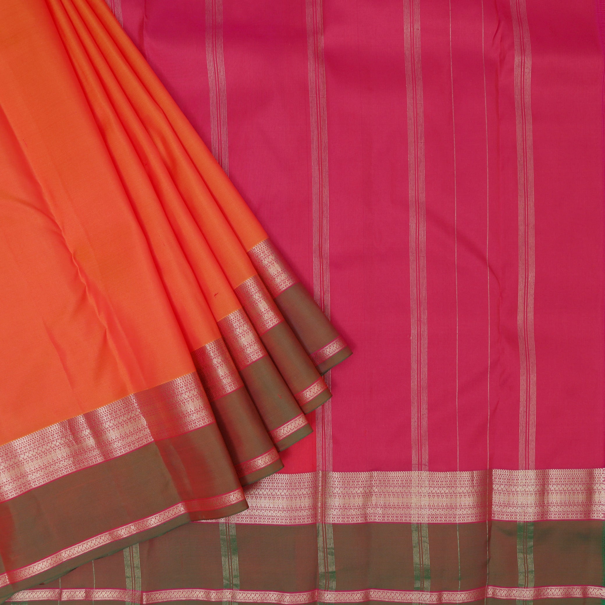 Orange With Pink  Gold Zari Yuvana Semi Soft Silk Saree