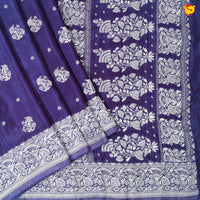 Dark Purple With Floral Motifs Silver Zari Khadi Banarasi Silk Saree - Thenianantham