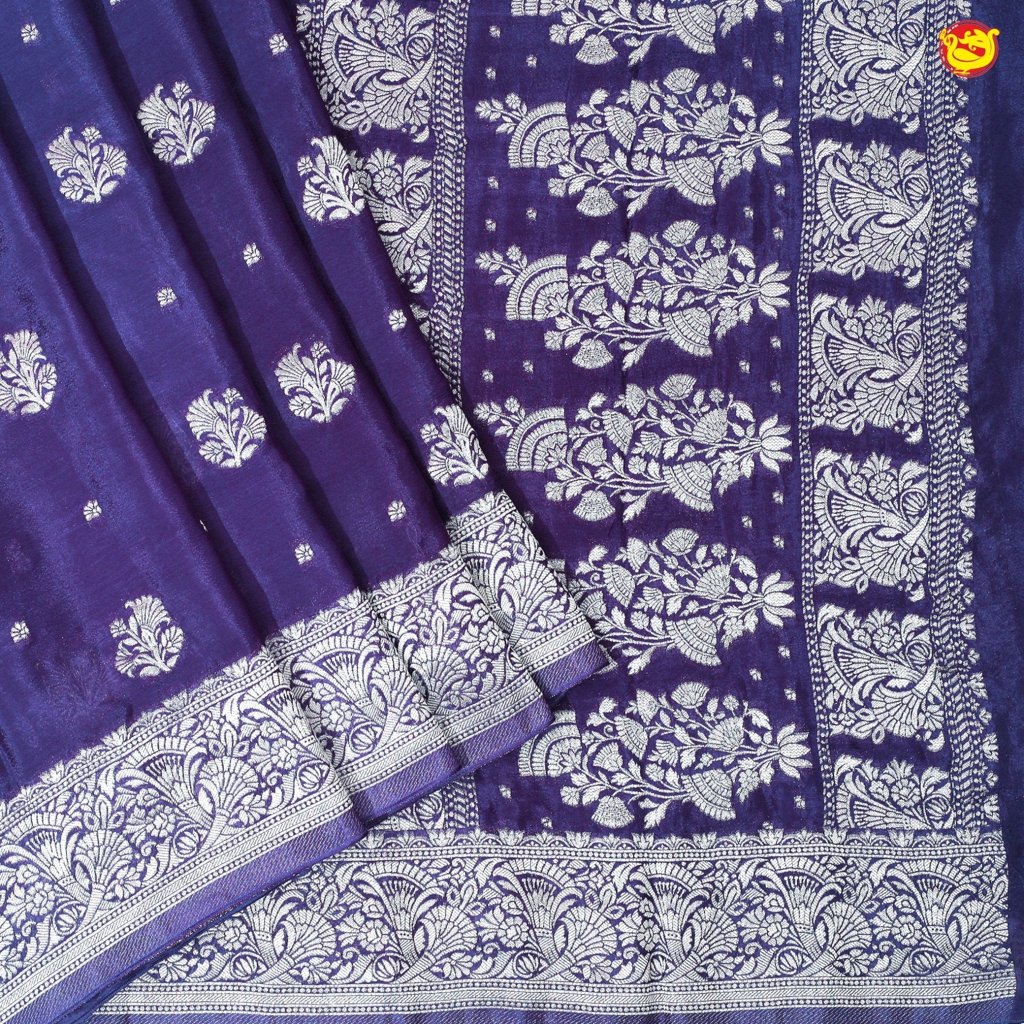 Dark Purple With Floral Motifs Silver Zari Khadi Banarasi Silk Saree