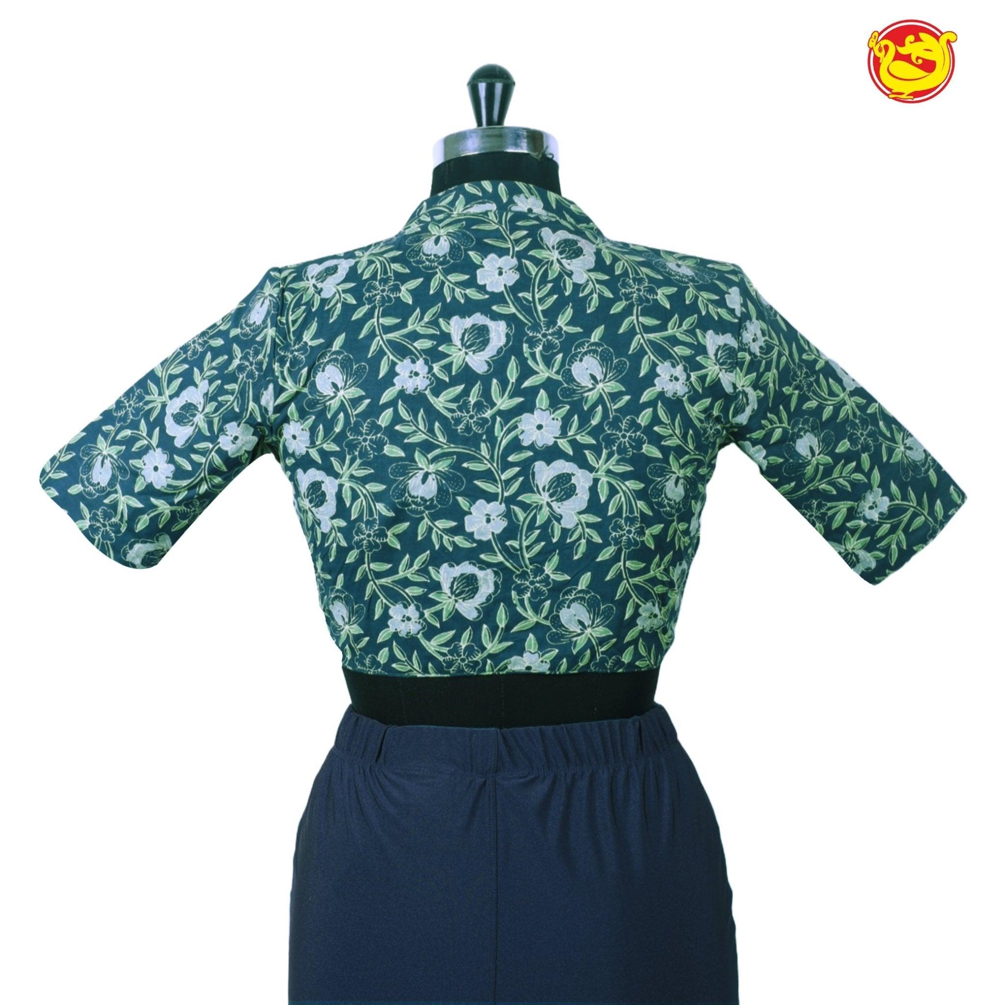 Navy Blue With Green Floral design Pure Cotton Ready made Blouse - Thenianantham