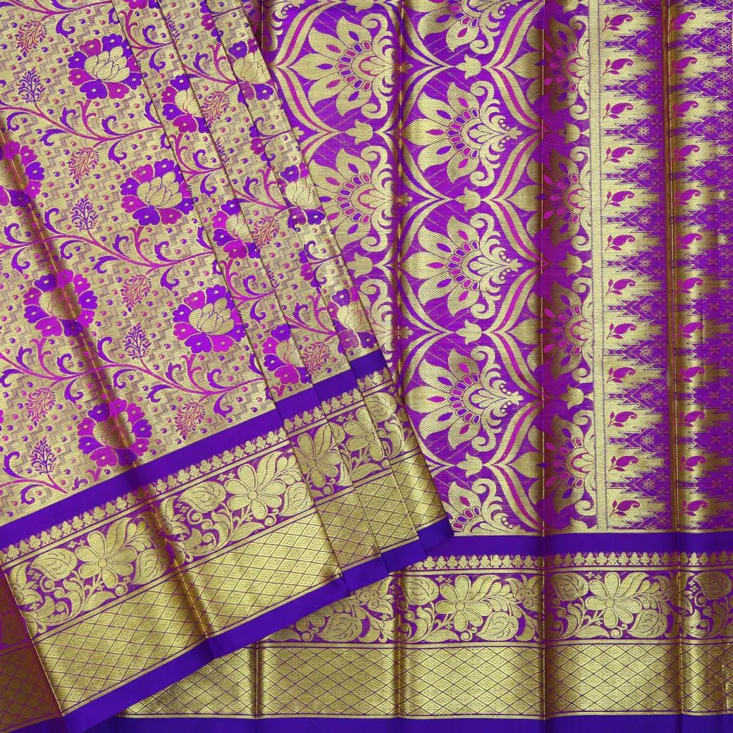 Gold with Purple Border Pure Thirupuvanam Wedding silk saree