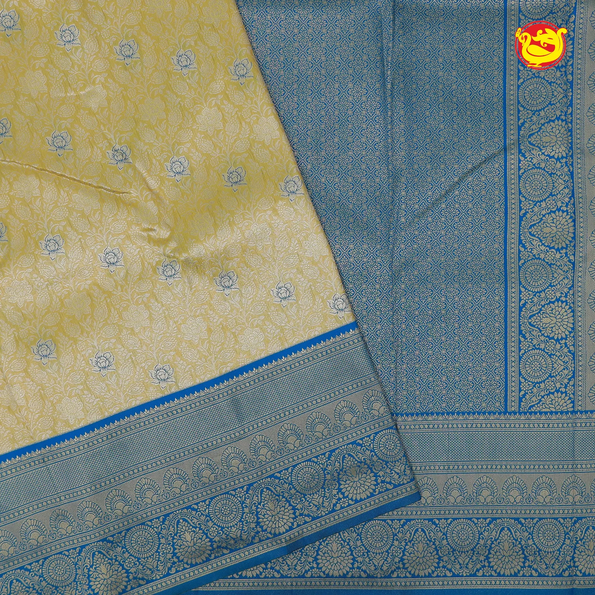 Lime yellow with Peacock blue Tissue Semi Silk Saree