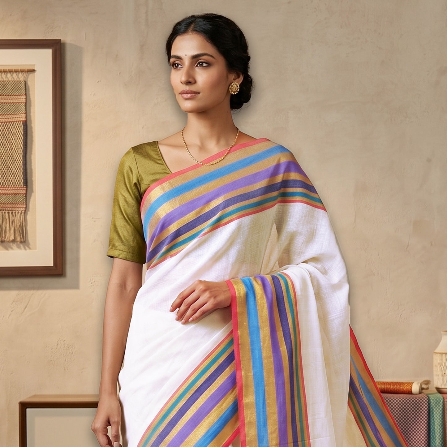 Off White With Multi Colour  Mul Mul Cotton Saree
