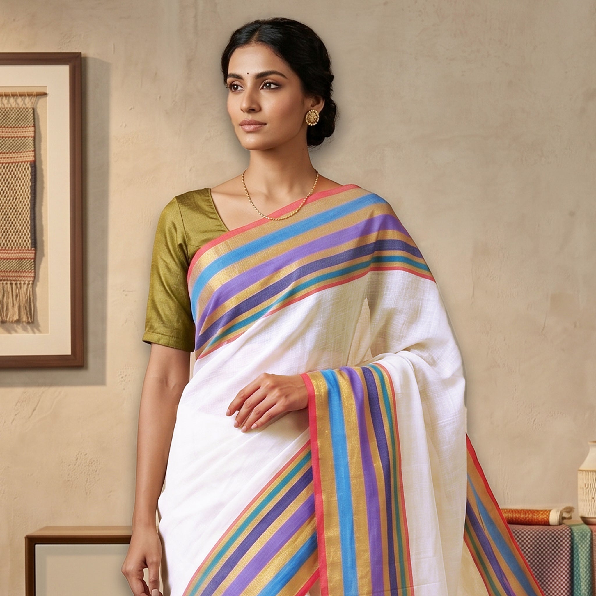 Off White With Multi Colour  Mul Mul Cotton Saree