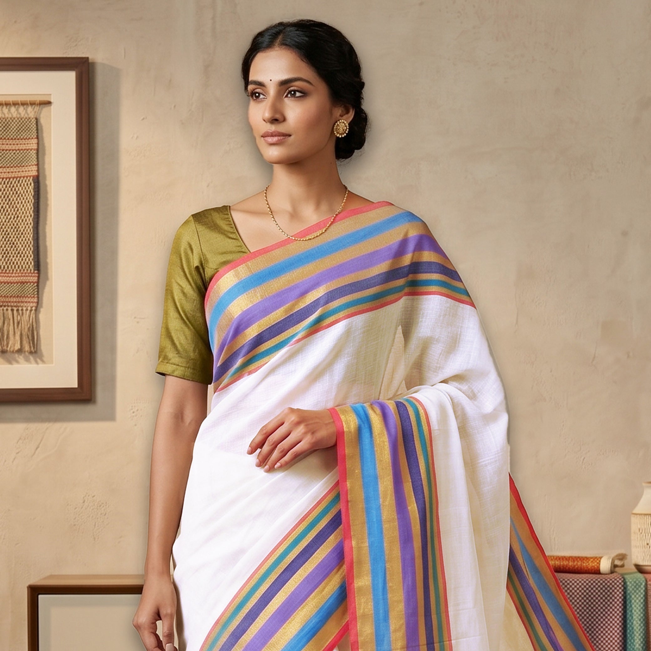 Off White With Multi Colour  Mul Mul Cotton Saree