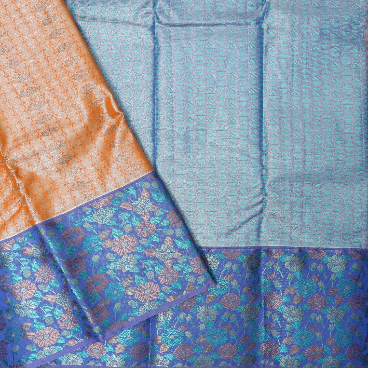 Orange with Dark Blue Floral Design Tissue Silk Saree
