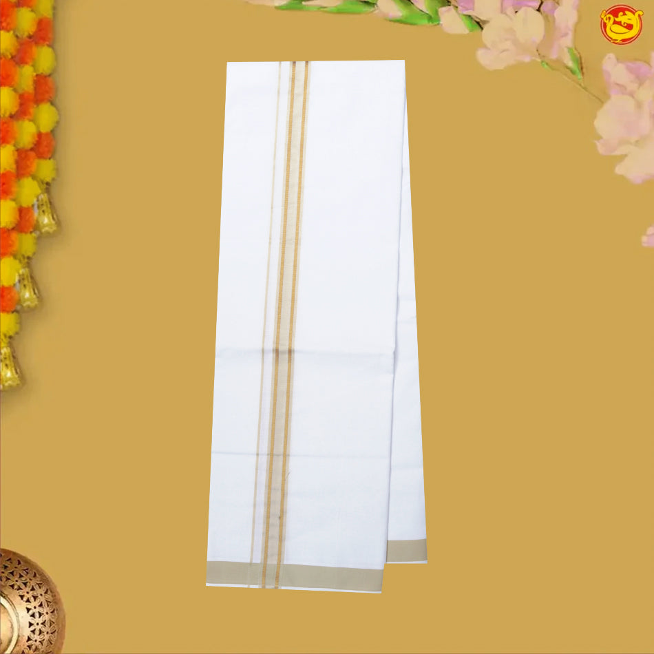 Beige With White Dhoti Readymade Shirt And Matching Border Dhoti Set for Men