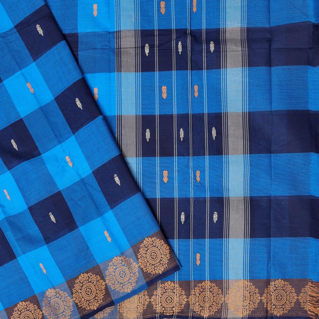 Sky Blue With Navy Blue Checked  Pure Cotton Saree