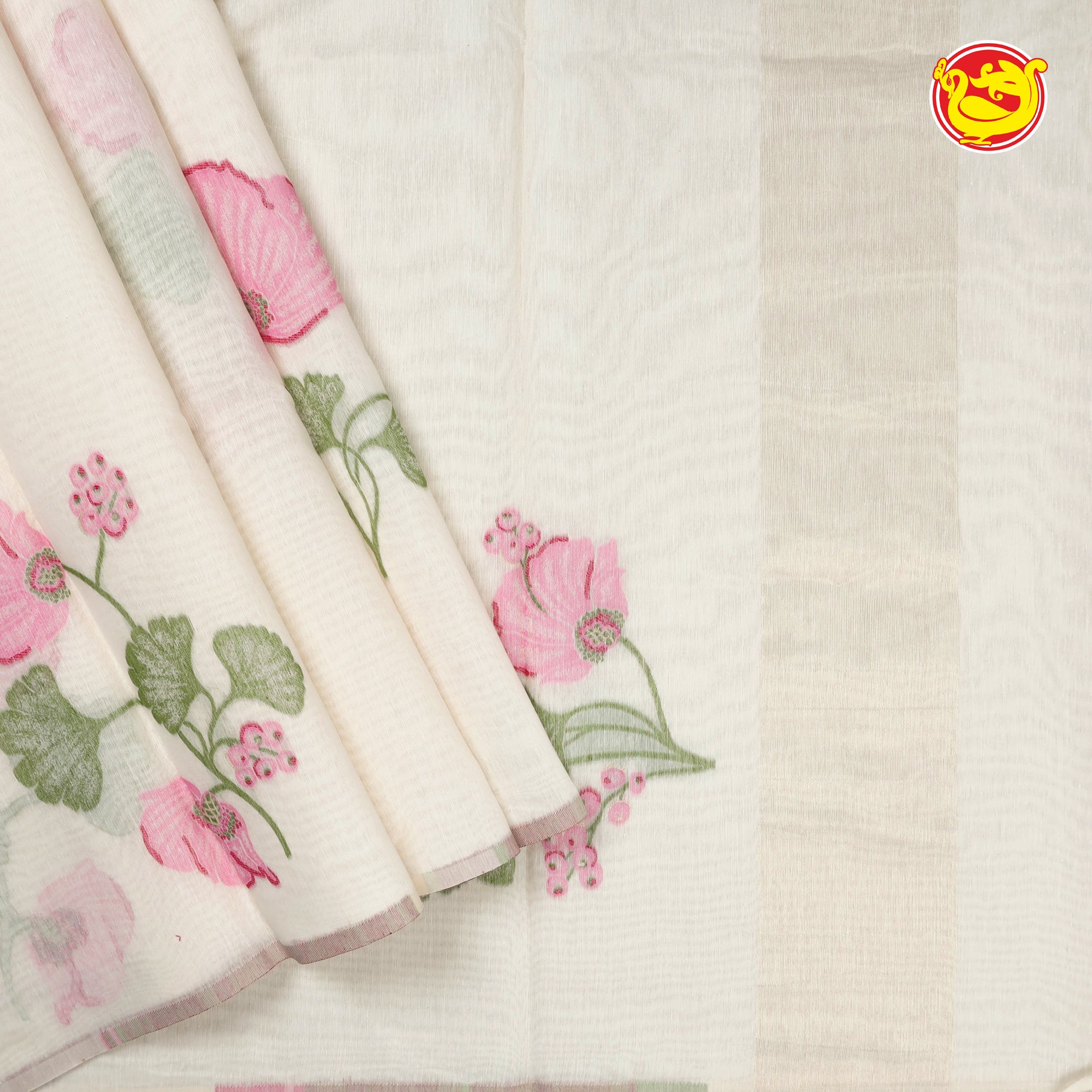 Half white pure cotton saree with floral weaving motifs