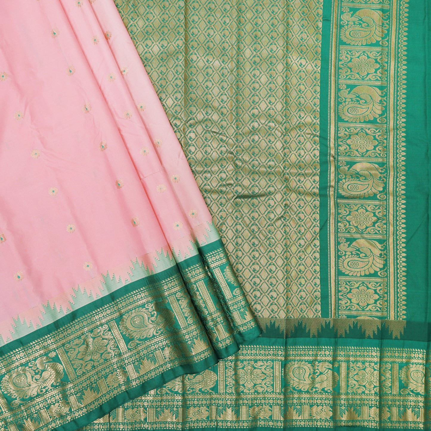 Peach with Green Gadwal silk saree
