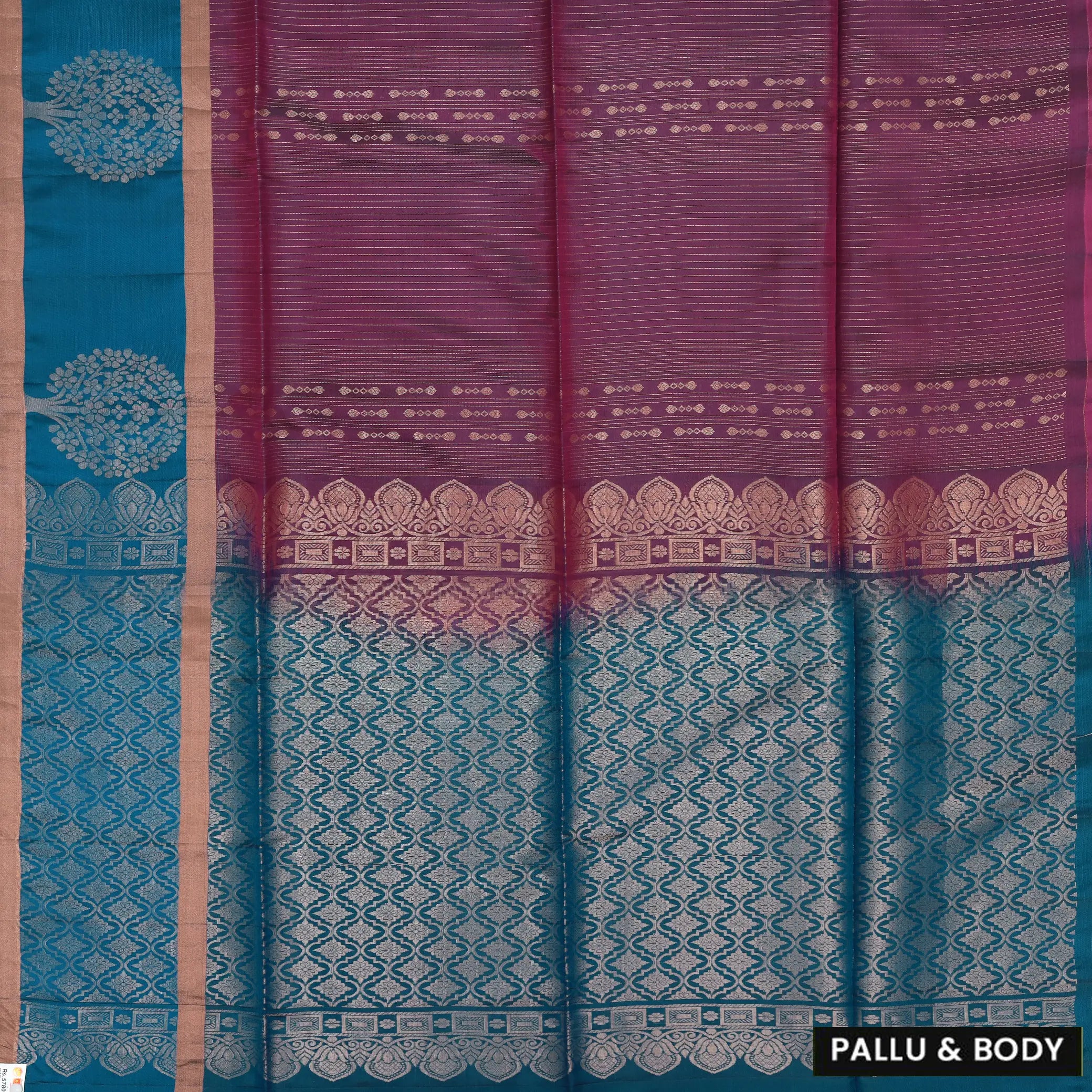 Dark magenta with peacock blue soft silk saree