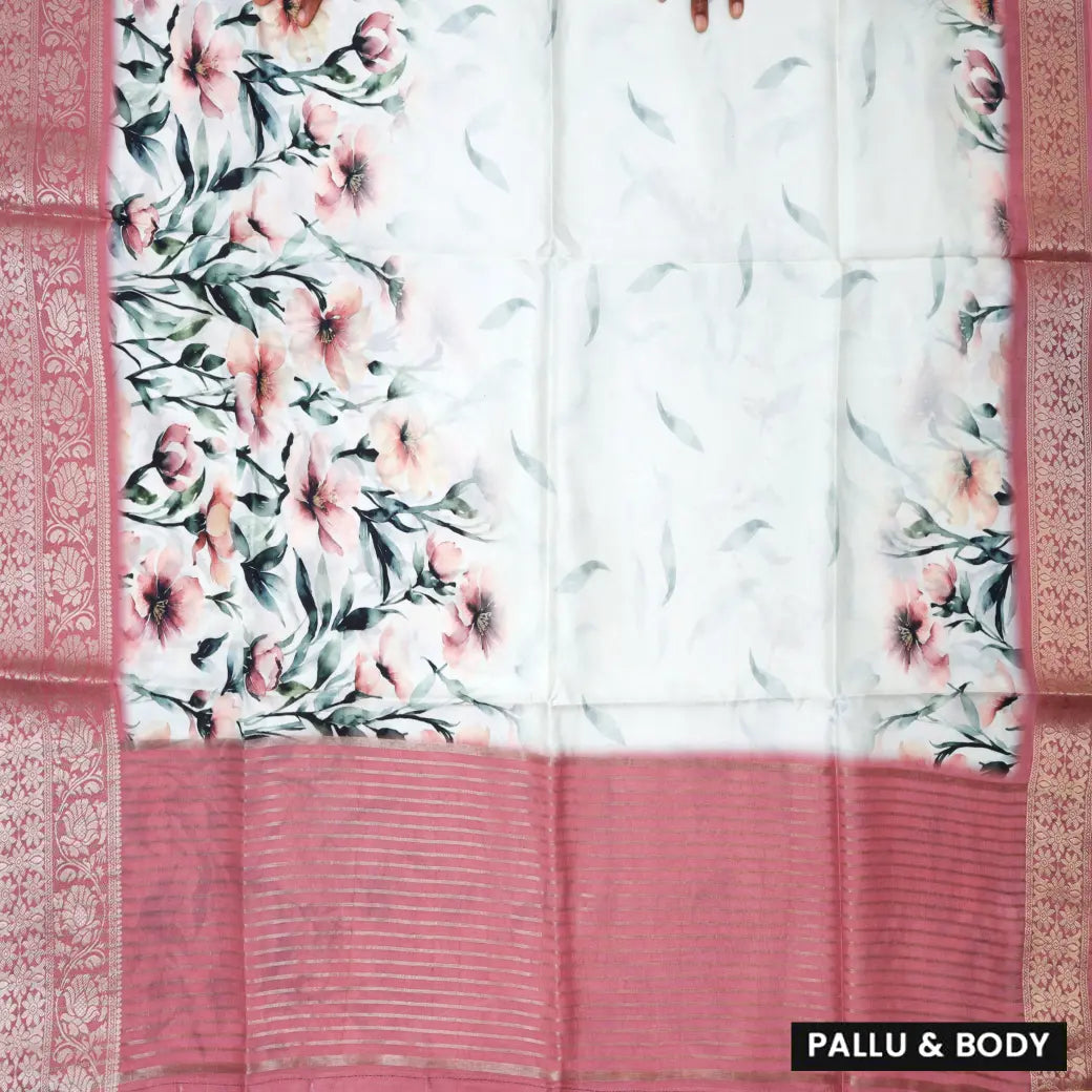 White with Light Dusty Rose Pink Floral  Design Dola Silk Saree
