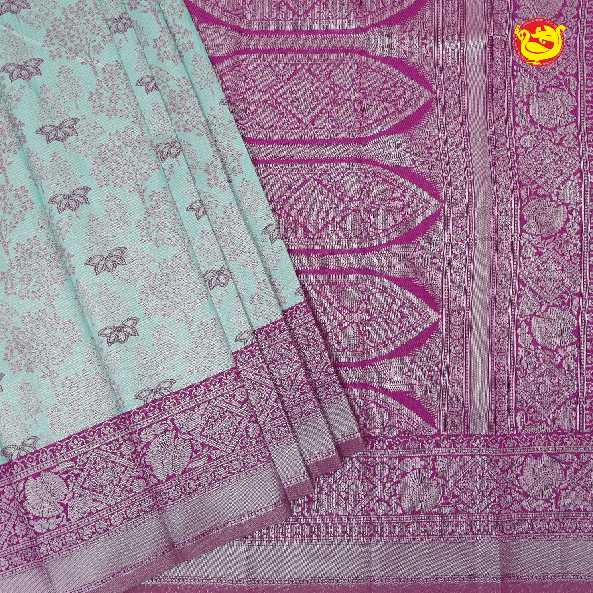 Pastel Blue with Pink Floral Motifs Kubera Pattu Saree