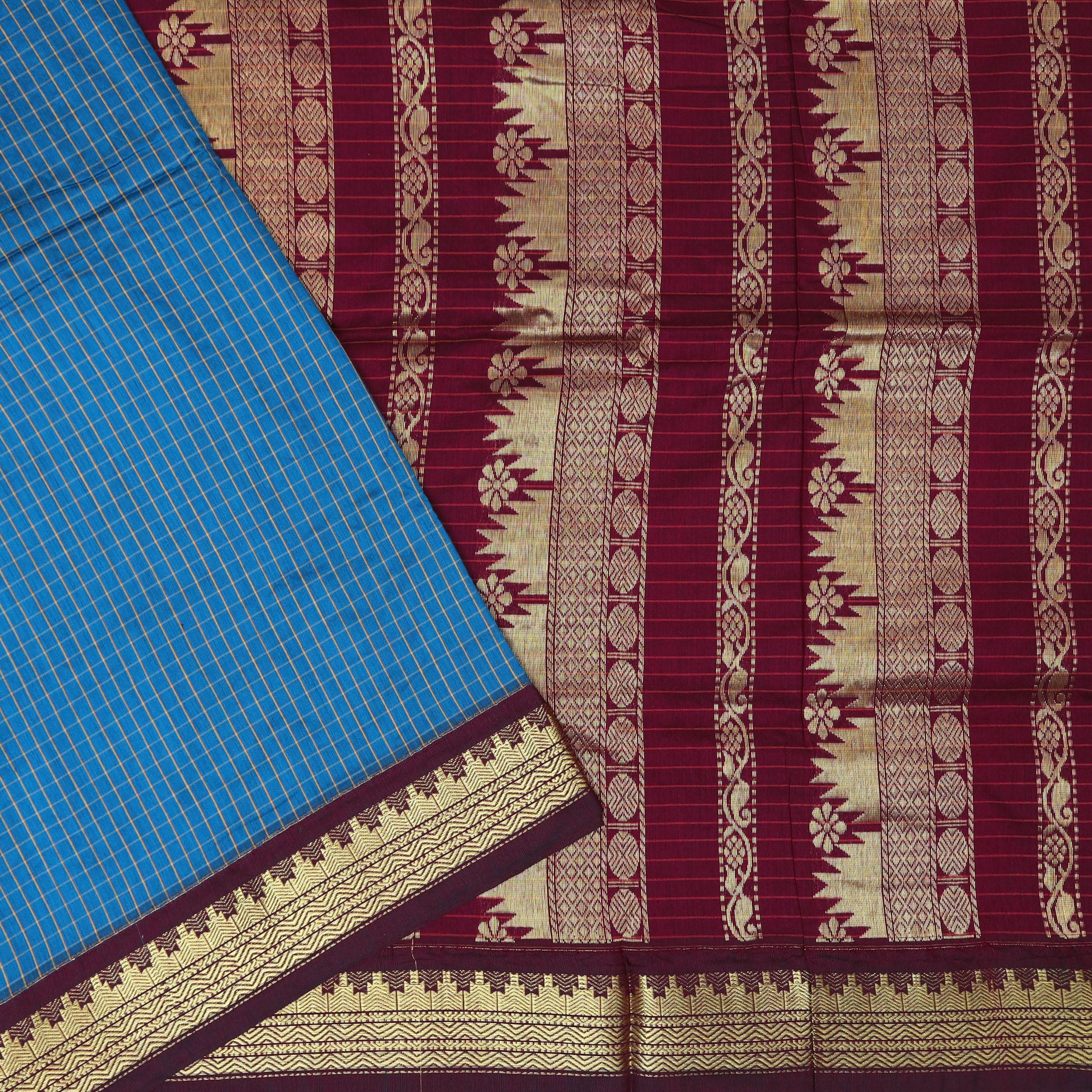 Peacock Blue With Maroon Premium Quality Kalyani Cotton Saree
