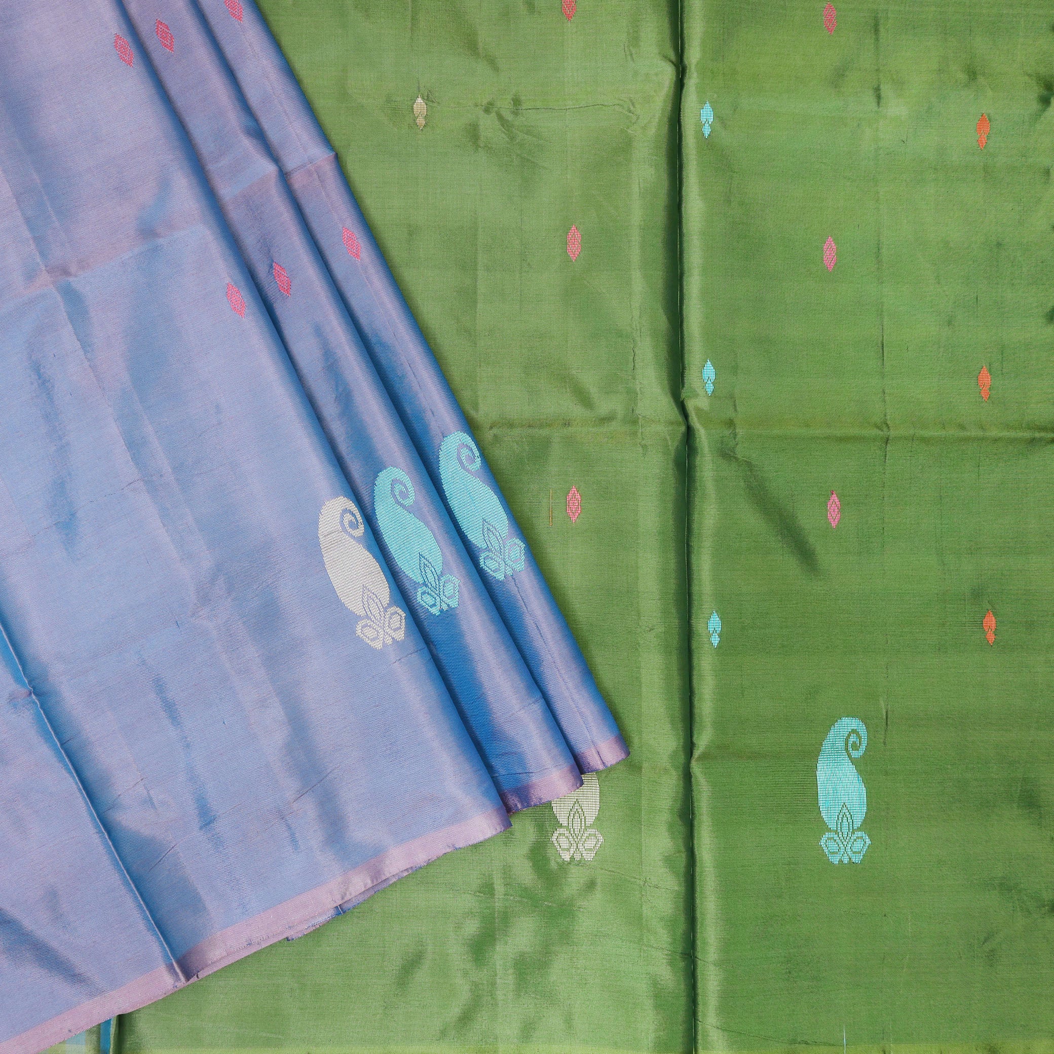 Blue With Green Pallu Banana Pith Saree With Running Blouse
