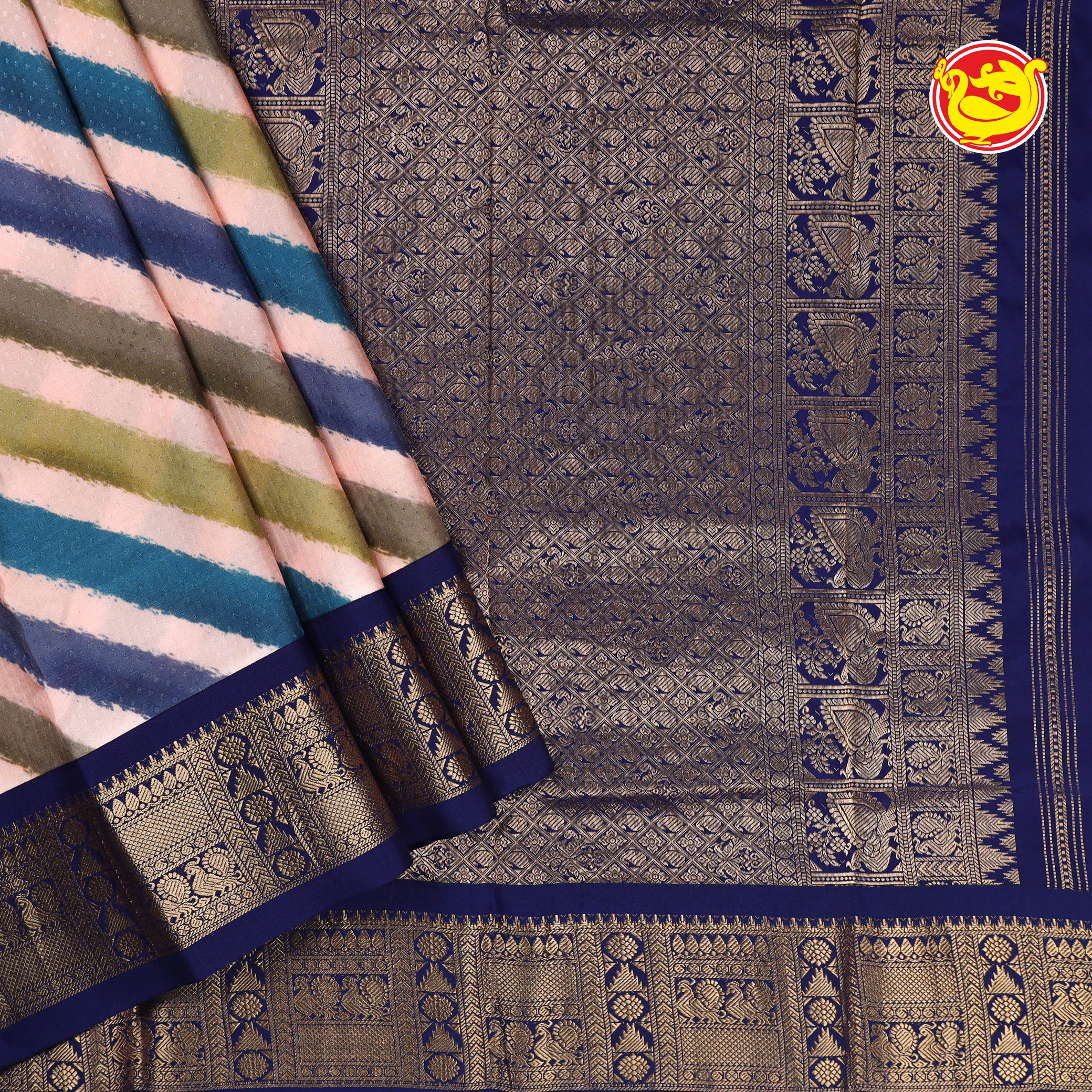 Navy blue pure kanchipuram silk saree with leheriya stripes