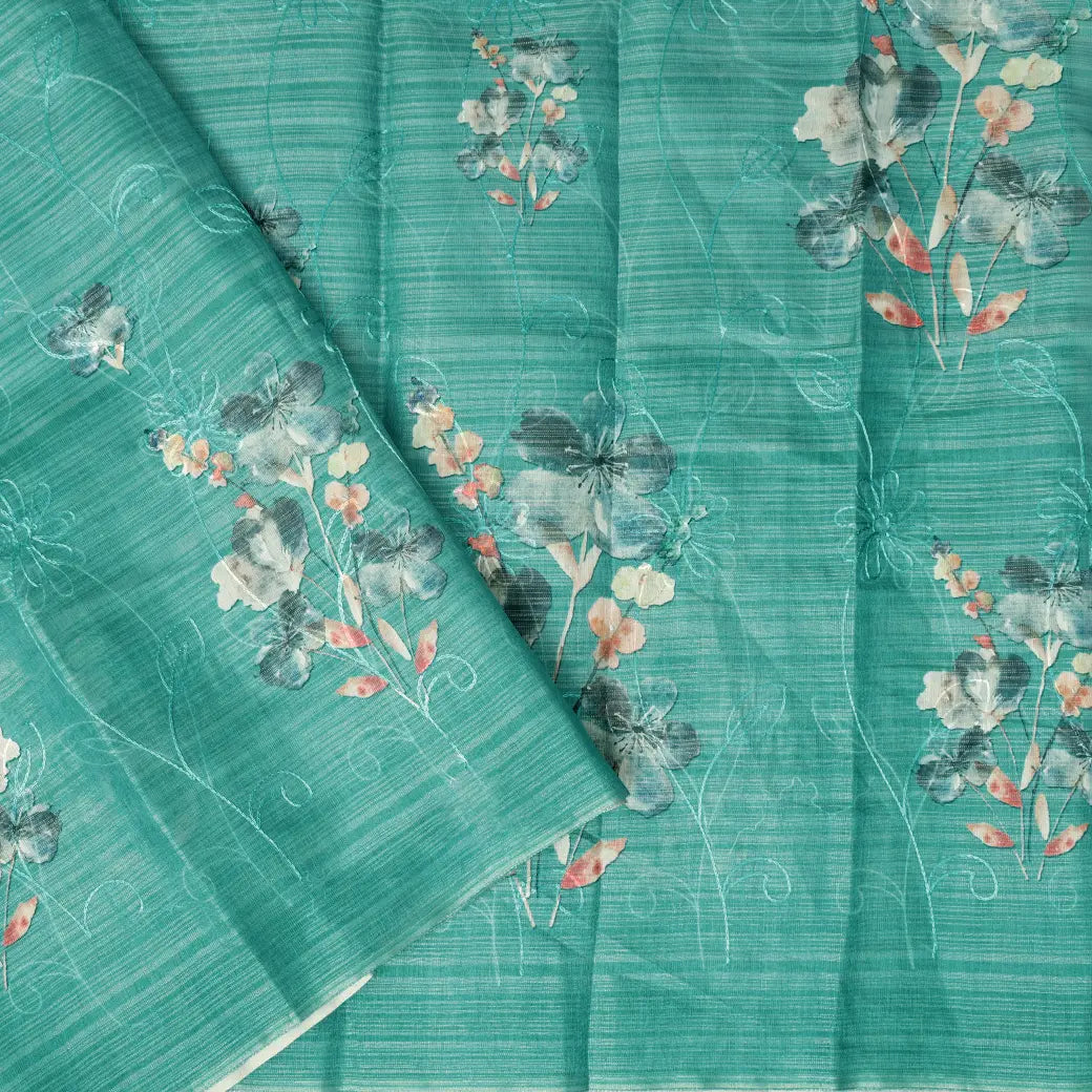 Teal Blue with Floral Design Trendy Tissue Fancy Saree