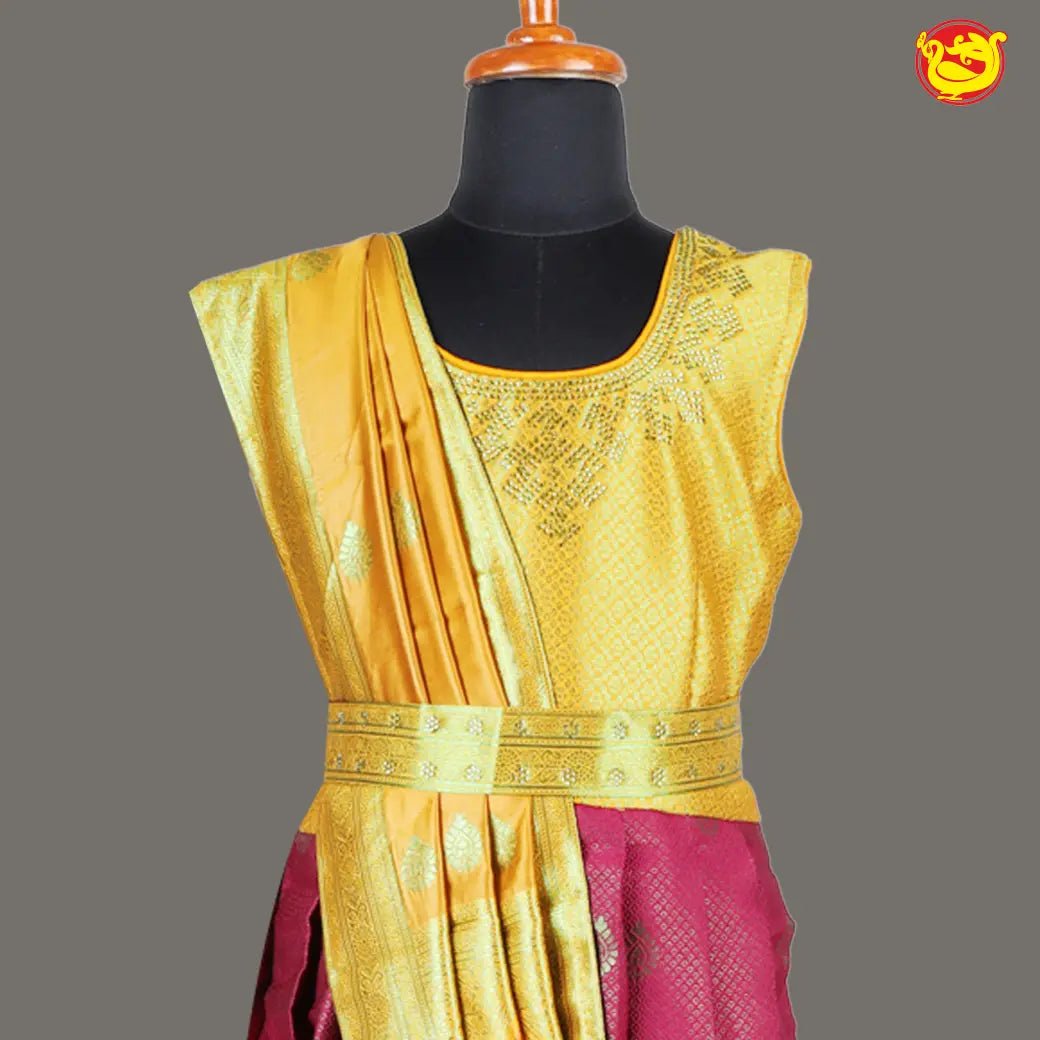 Yellow with Maroon Girls & Women Branded Readymade Pattu Gown