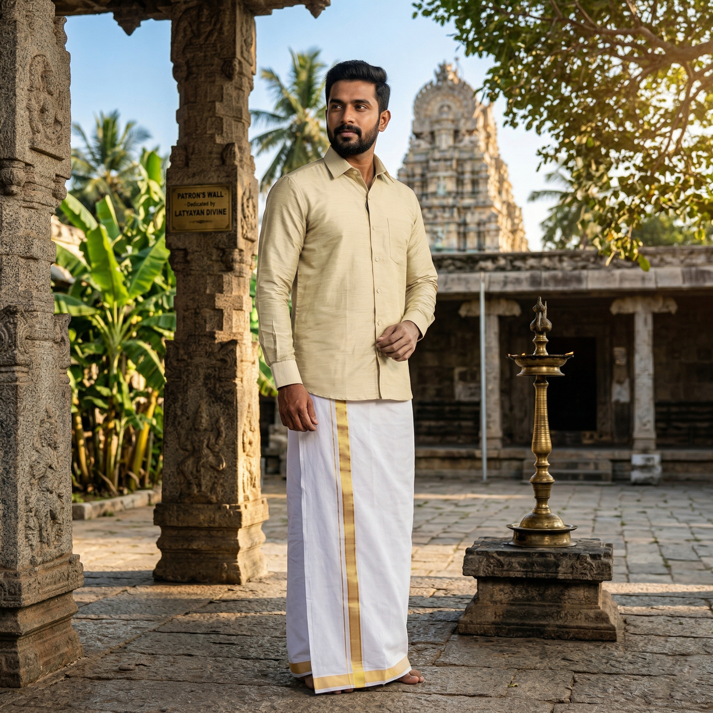 Cream With White Dhoti Readymade Shirt And Matching Border Dhoti Set for Men