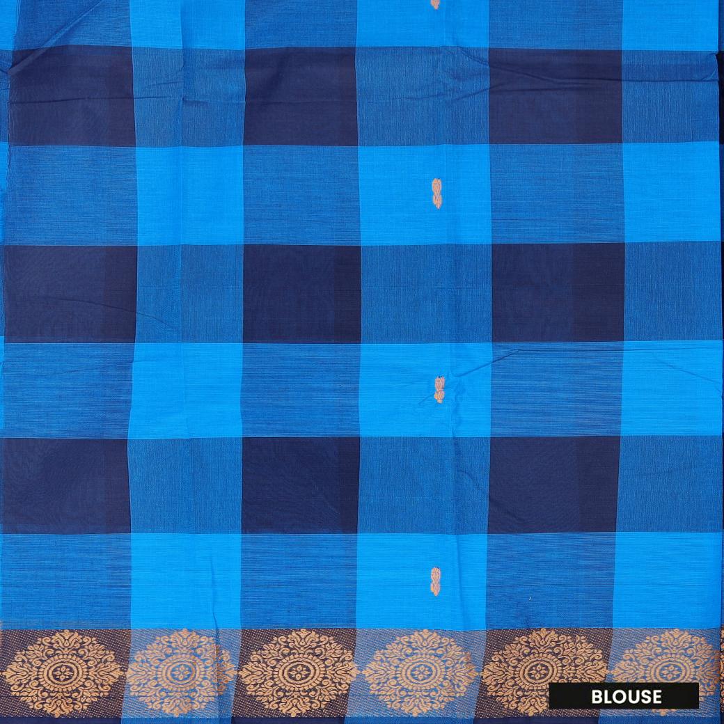 Sky Blue With Navy Blue Checked  Pure Cotton Saree