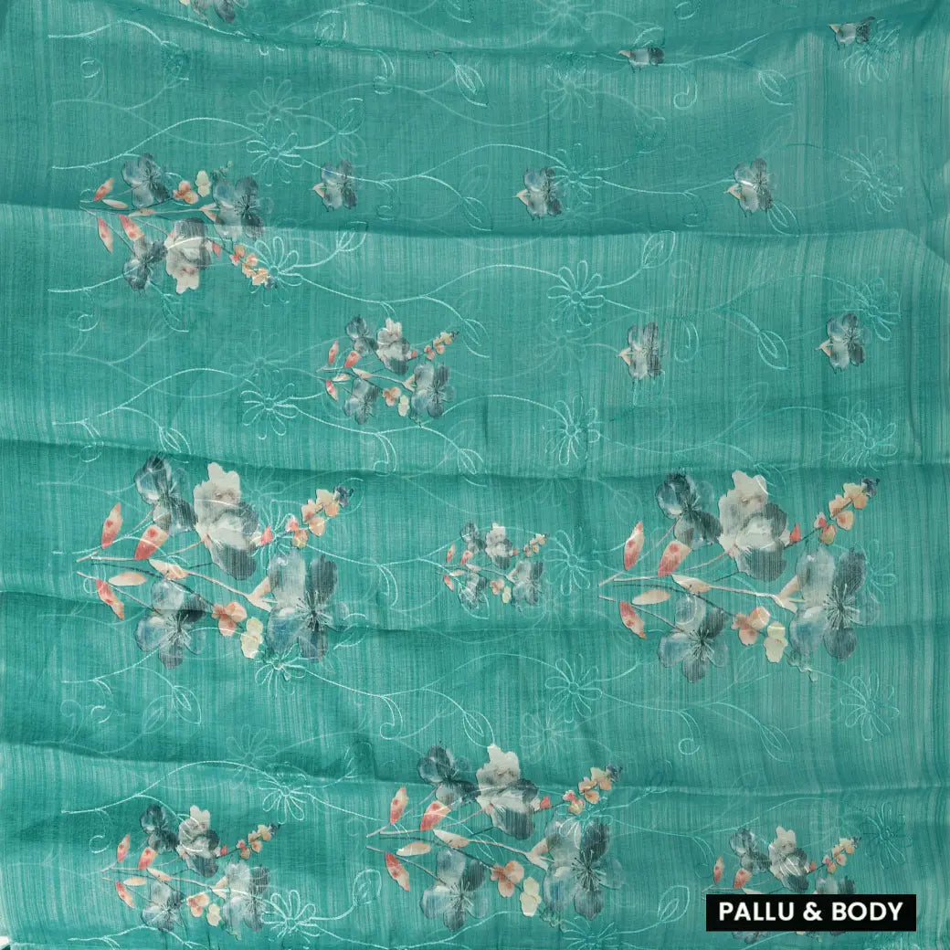 Teal Blue with Floral Design Trendy Tissue Fancy Saree