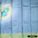 Pure Tussar Silk Saree Aegean Blue and Gold Border With Floral Design and Painted Prints and Zari Woven Border