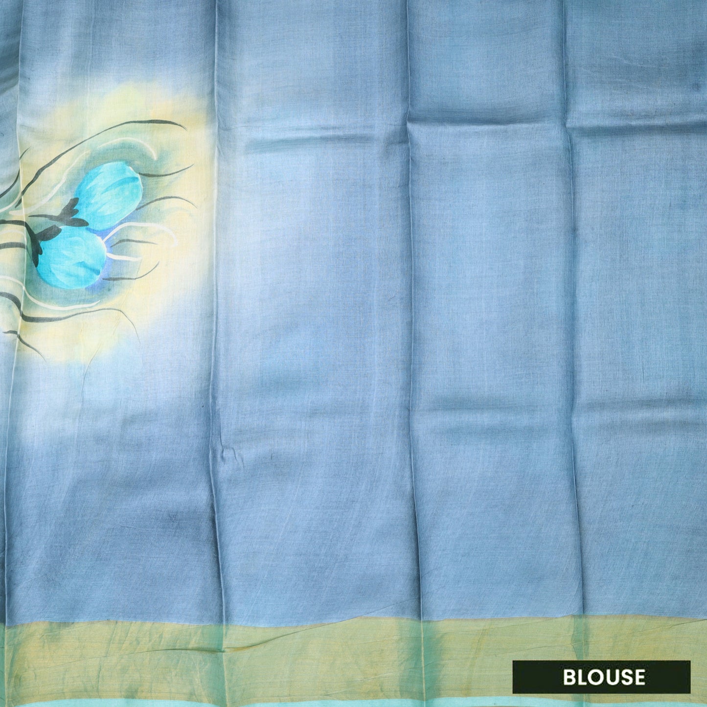 Pure Tussar Silk Saree Aegean Blue and Gold Border With Floral Design and Painted Prints and Zari Woven Border