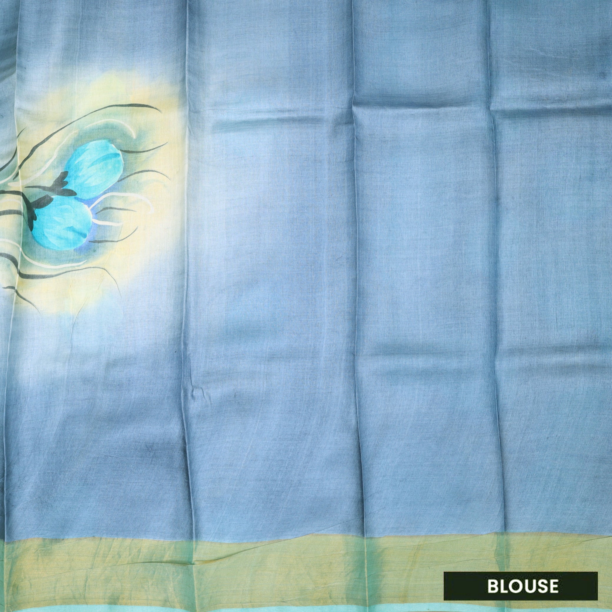 Pure Tussar Silk Saree Aegean Blue and Gold Border With Floral Design and Painted Prints and Zari Woven Border