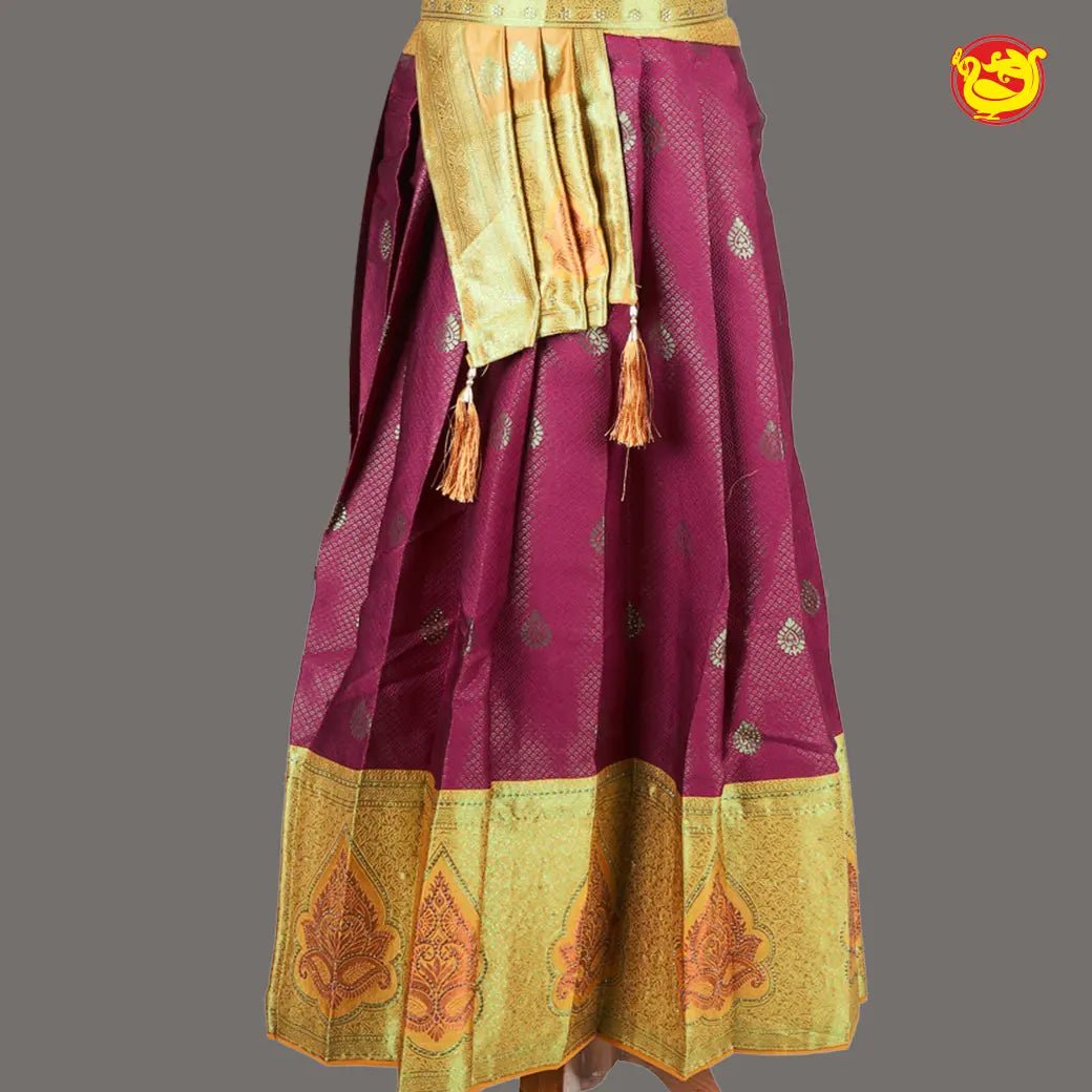 Yellow with Maroon Girls & Women Branded Readymade Pattu Gown - Thenianantham