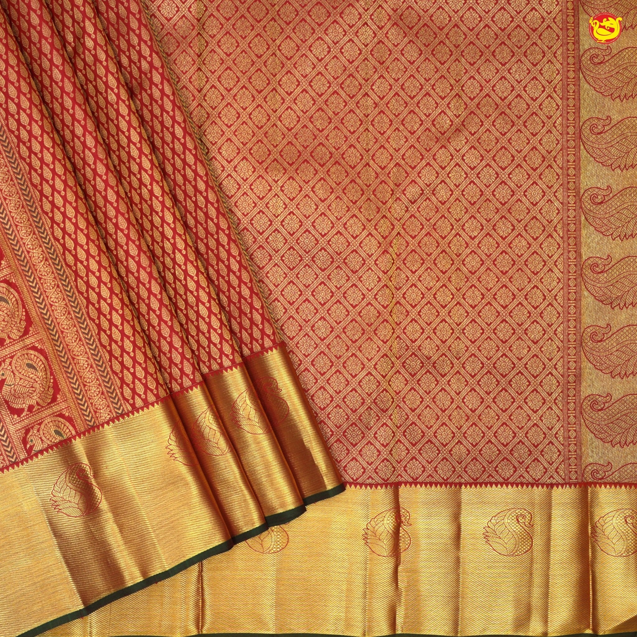 Crimson Red Jacquard Gold Zari Floral Design Pure Kanjivaram Subhalaya Wedding Silk Saree - Thenianantham