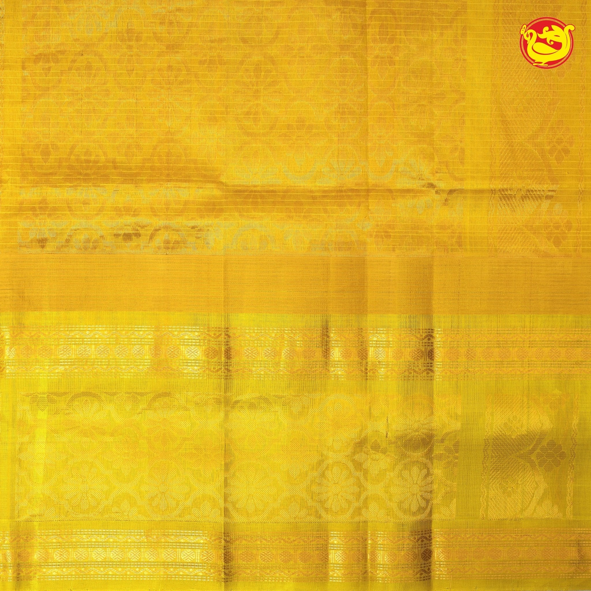 Half White and Mustard Yellow With Gold Zari Checked Floral Buttas Pure Silk Cotton Saree - Thenianantham