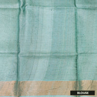 Pure Tussar Silk Saree Turquoise Blue and  Blue Shade With Floral Design and Painted Prints and Zari Woven Border
