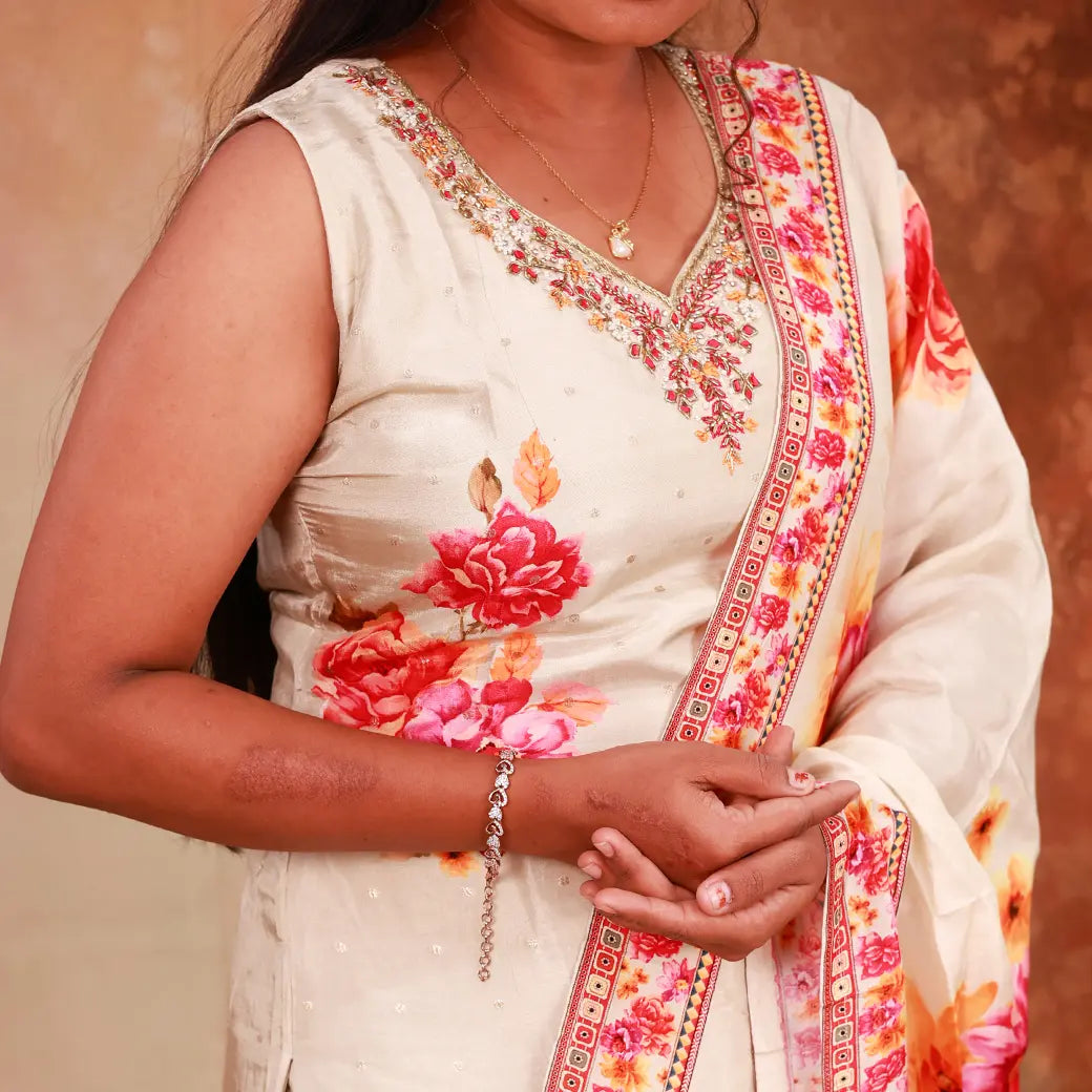 Cream With Pink Floral Design ladies Branded   straight Cut Churidar