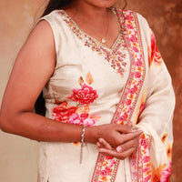 Cream With Pink Floral Design ladies Branded   straight Cut Churidar