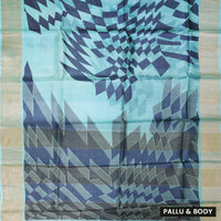 Pure Tussar Silk Saree Turquoise Blue and  Blue Shade With Floral Design and Painted Prints and Zari Woven Border