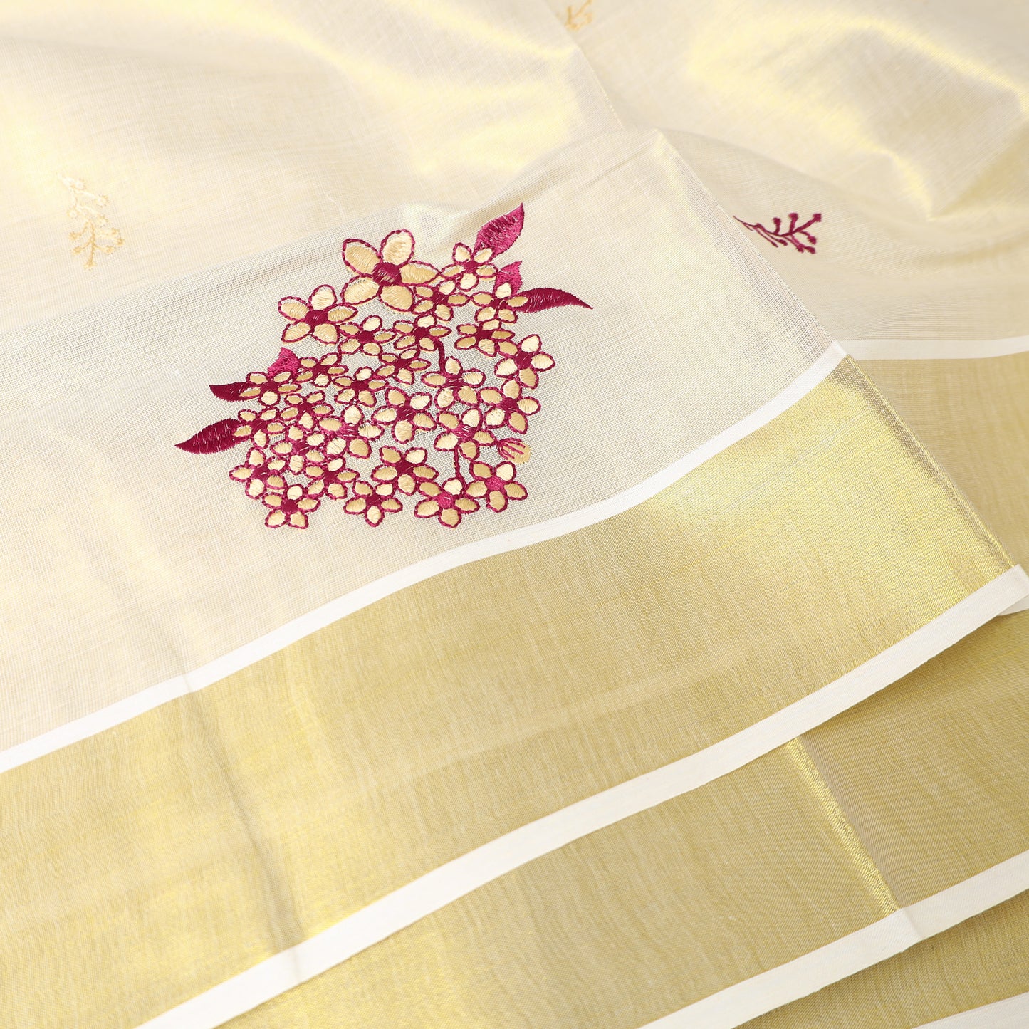 Off White With Gold Floral Embroidery  traditional kerala onam saree
