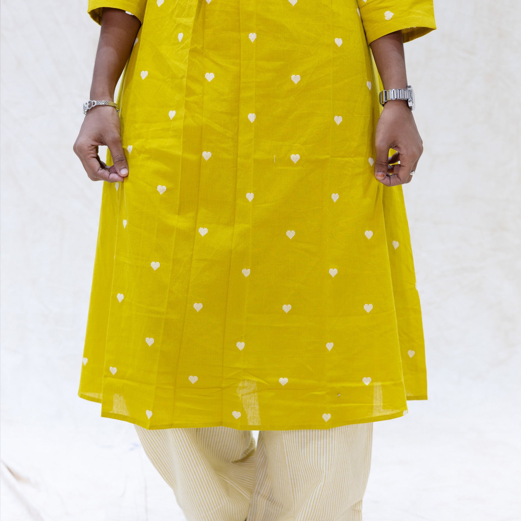 Yazhini- Yellow with white heart-shaped pattern Ladies Branded Co-ord-set Readymade