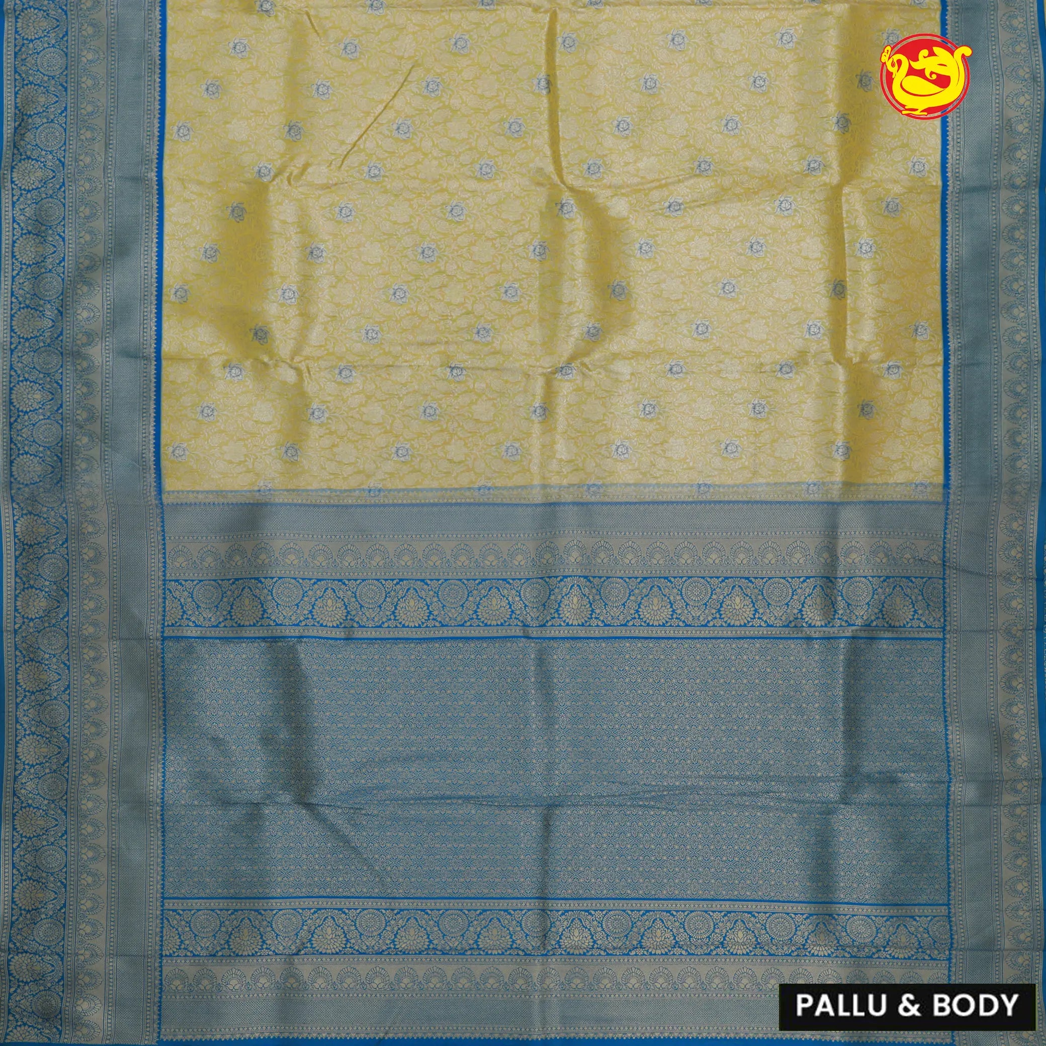 Lime yellow with Peacock blue Tissue Semi Silk Saree