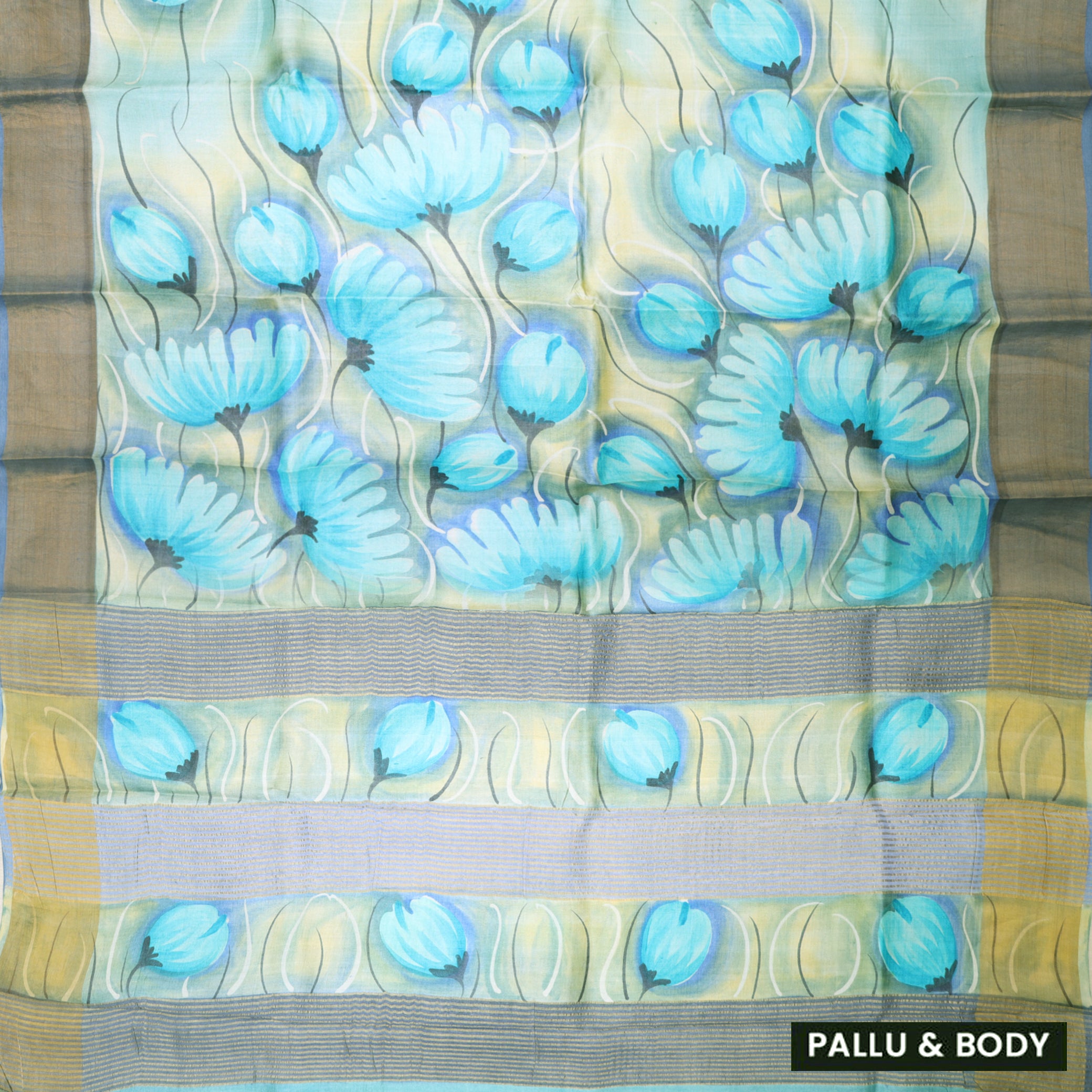 Pure Tussar Silk Saree Aegean Blue and Gold Border With Floral Design and Painted Prints and Zari Woven Border