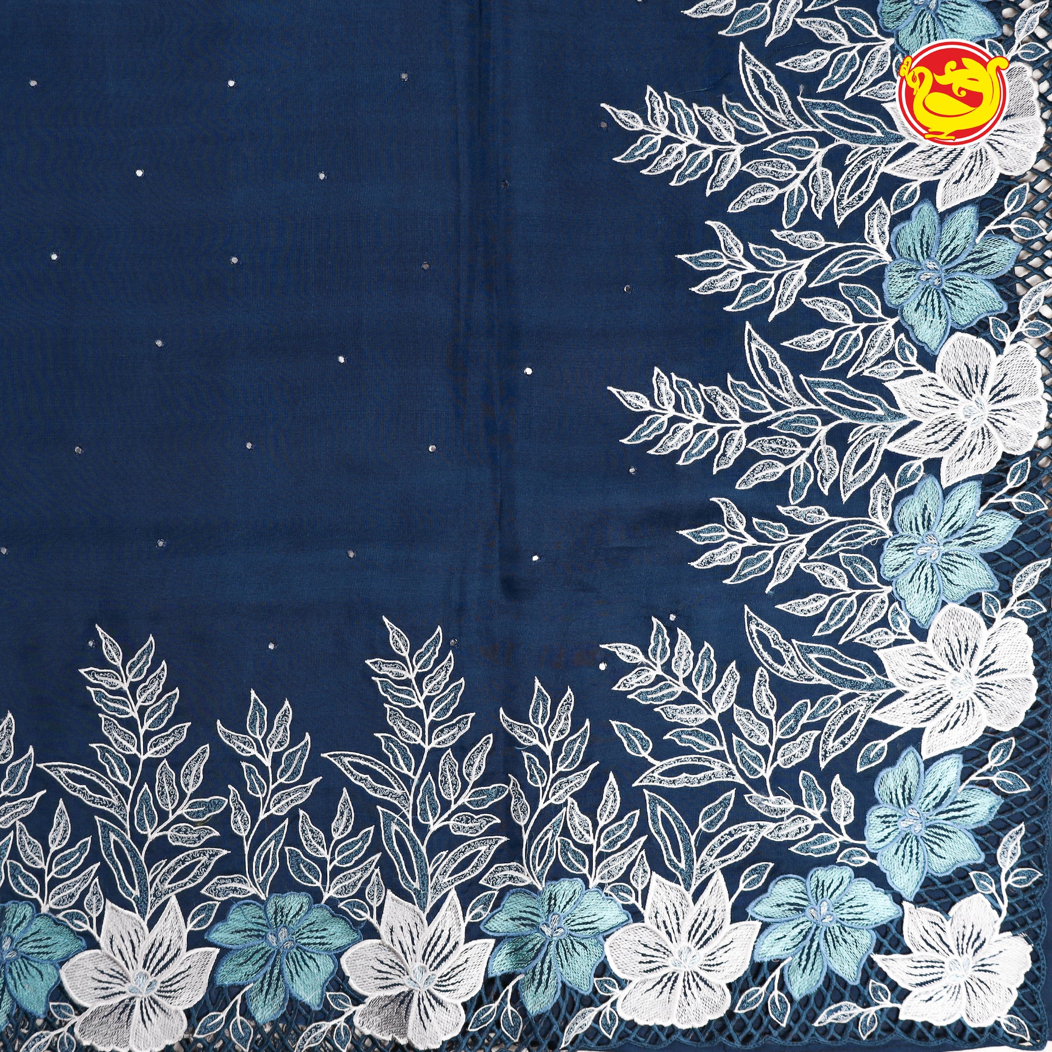 Dark blue pure organza silk with embroidery and cut work
