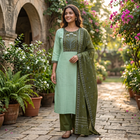 Pista Green With Olive Green Cotton Ladies Chudithar Material