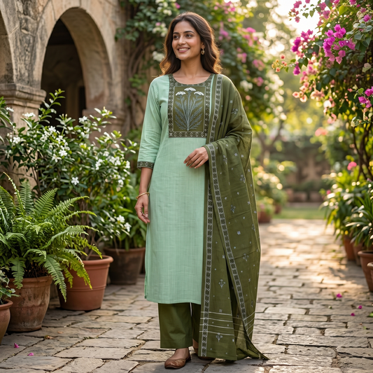 Pista Green With Olive Green Cotton Ladies Chudithar Material