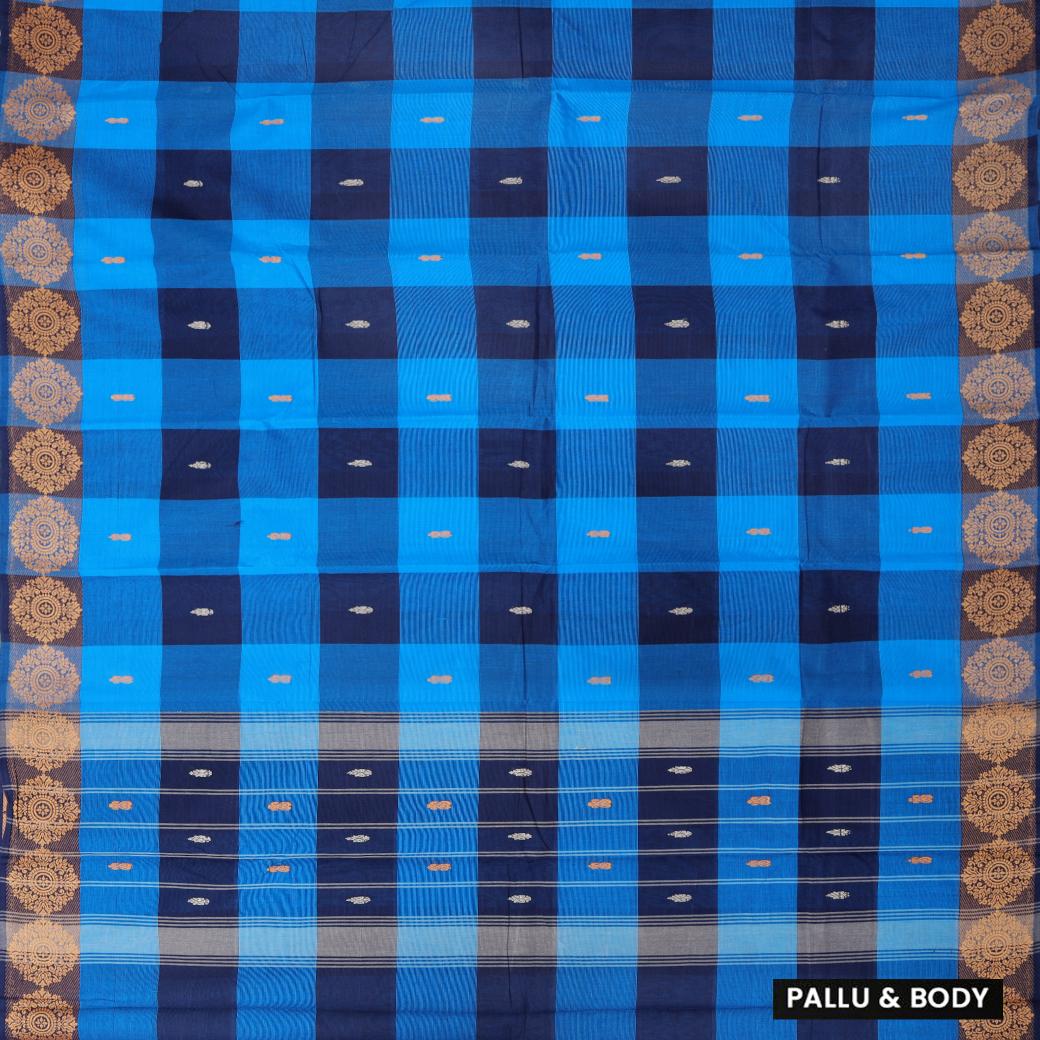Sky Blue With Navy Blue Checked  Pure Cotton Saree